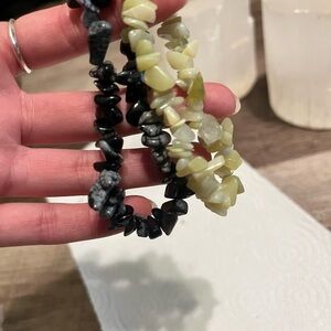 Elegant Snowflake Obsidian Black and Calcite?/Jade? Stone Bracelet Set